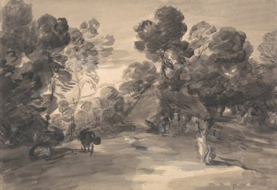 Wooded Landscape with Figures, Cottage and Cow by Thomas Gainsborough